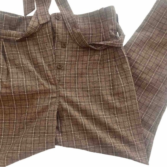 Women’s JCL Size M brown plaid pleated button fly belted pants with pockets - Picture 1 of 6